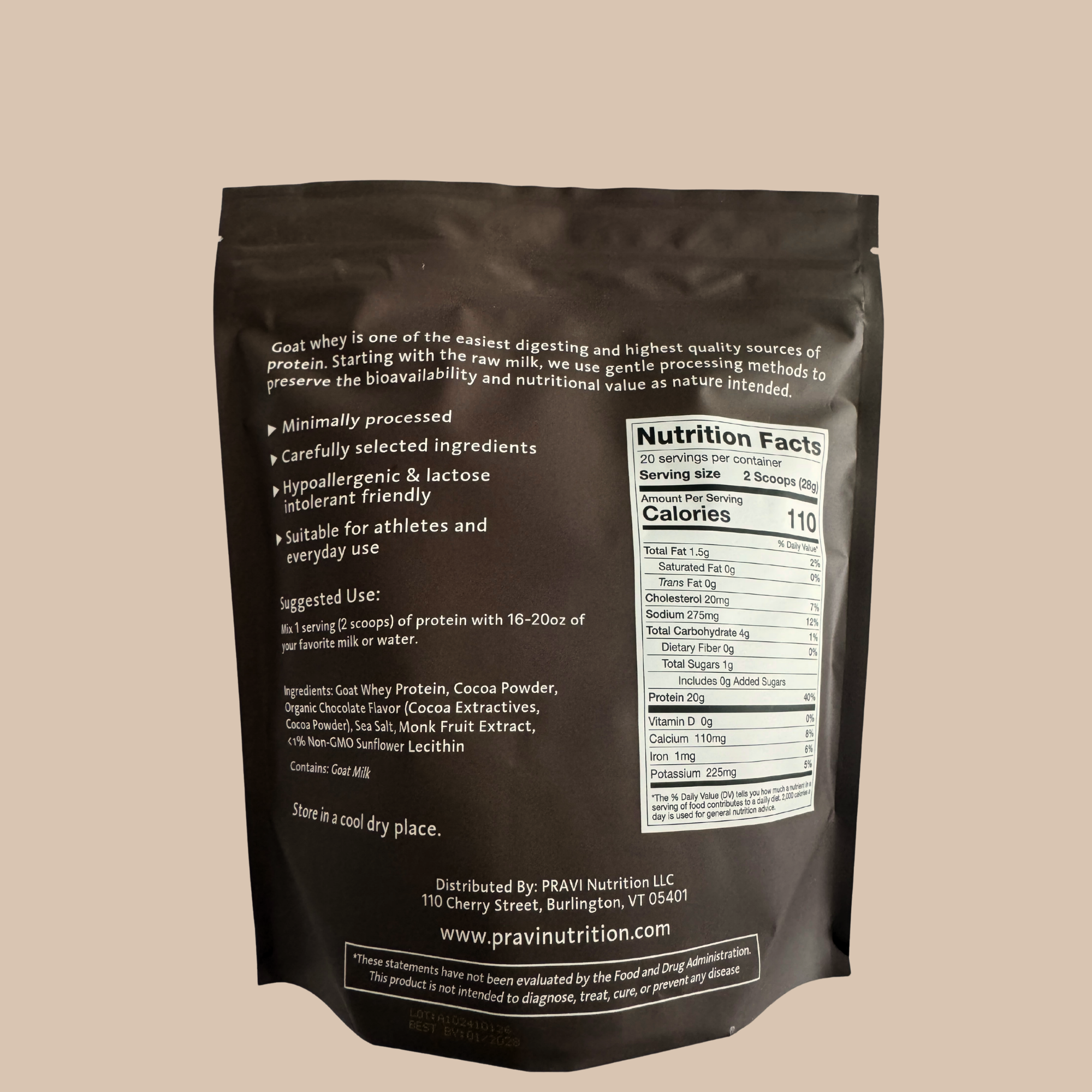PRAVI Chocolate Goat Whey Protein Nutrition Label