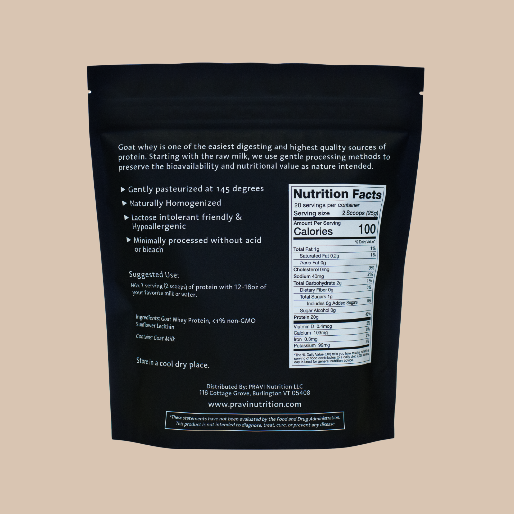Unflavored Goat Whey Nutrition Label