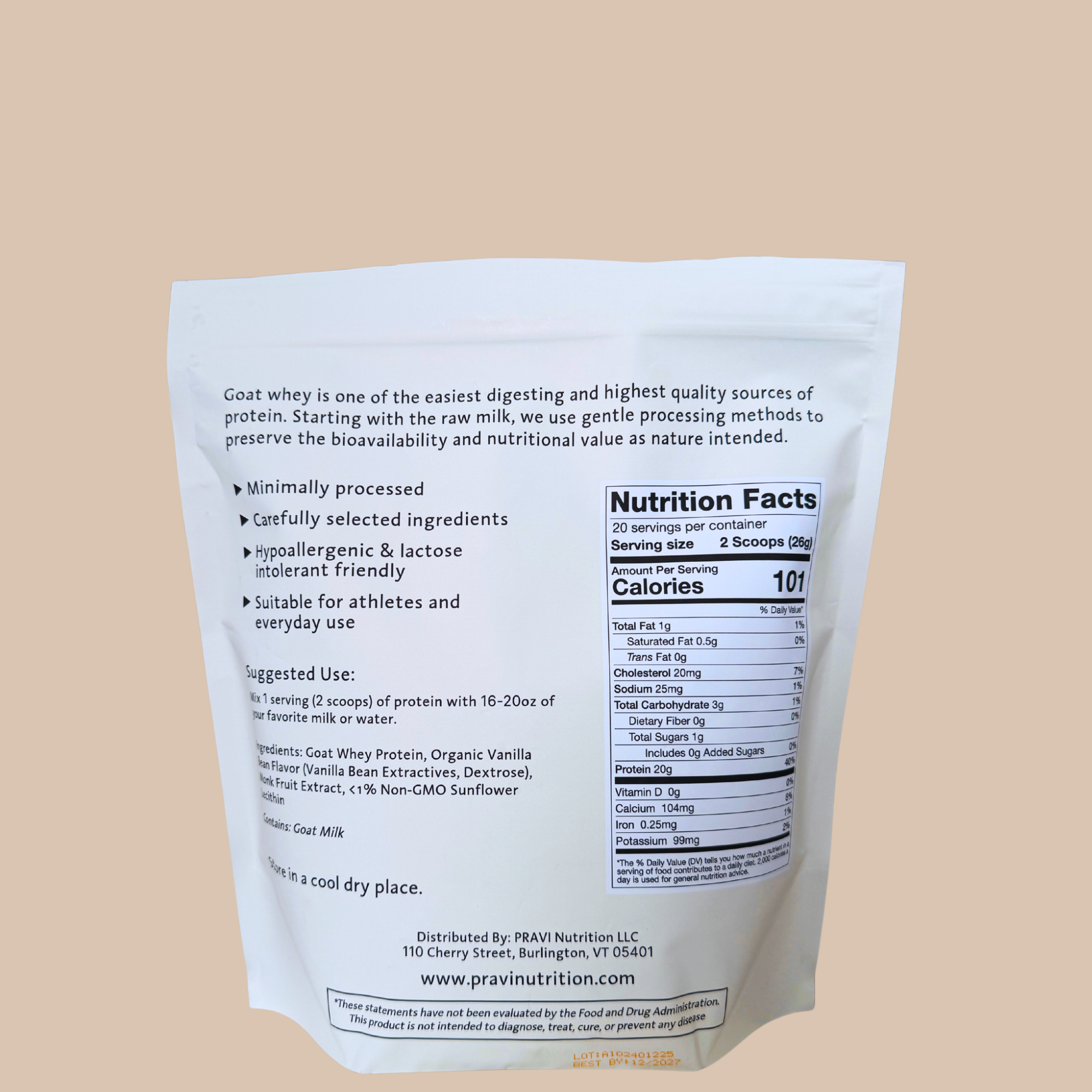 PRAVI Vanilla Goat Whey Protein Nutrition Label
